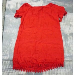 Lungo Larno Dress womens Medium red linen off shoulder mini lace hem bohemian